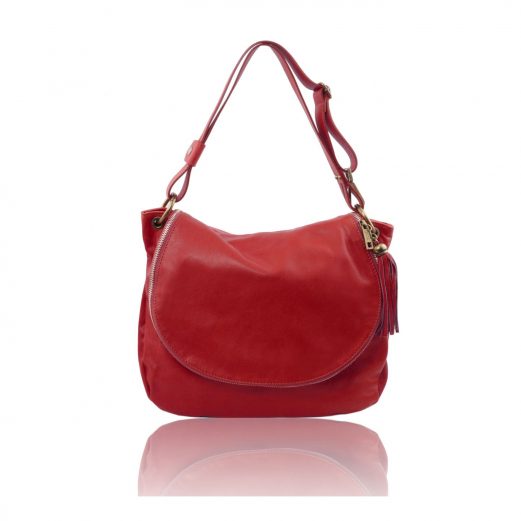 イタリア製ソフトレザーのタッセルつきショルダーバッグ（Mサイズ）TL BAG、レッド