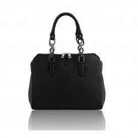 イタリア製シボ型押しレザーの２WAYハンドバッグ LILIA、ブラック