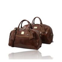 イタリア製ベジタブルタンニンレザーのボストンバッグ2点セット MAGELLANO、ブラウン