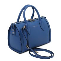 イタリア製スムースレザー2WAYミニボストンバッグELENA、ブルー、詳細1