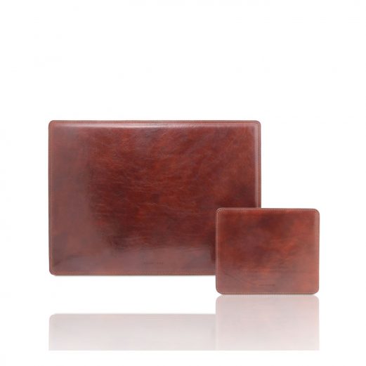 イタリア製ベジタブルタンニンレザーのデスクマット＆マウスパッド2点セット、ブラウン