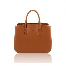 イタリア製シボ型押しレザーの2WAYハンドバッグ CAMELIA、コニャック