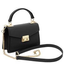 イタリア製スムースレザーのゴールドチェーンストラップ付ハグ TL BAG、ブラック、詳細1