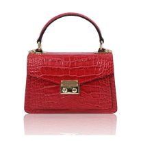 イタリア製クロコ型押しレザーのゴールドチェーンストラップ付ハンドバッグ TL BAG、ルージュ