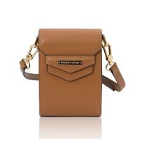 イタリア製スムースレザーのスマートフォン・ミニショルダーバッグTL BAG、コニャック