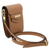 イタリア製スムースレザーのスマートフォン・ミニショルダーバッグTL BAG、コニャック、詳細1