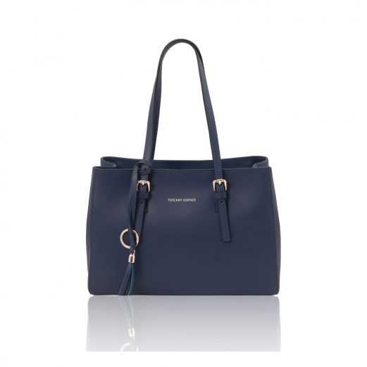 イタリア製スムースレザータッセルつきトートバッグTL BAG、ダークブルー