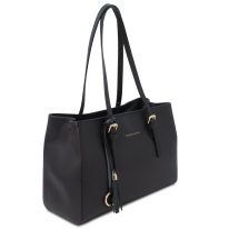 イタリア製スムースレザータッセルつきトートバッグTL BAG、ブラック、詳細1