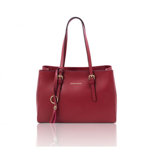 イタリア製スムースレザータッセルつきトートバッグTL BAG、レッド