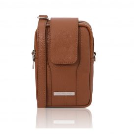 イタリア製シボ型押しレザーのスマートフォン・ミニショルダーバッグTL BAG、コニャック