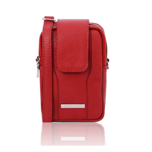 イタリア製シボ型押しレザーのスマートフォン・ミニショルダーバッグTL BAG、ルージュ