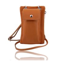 イタリア製ソフトレザーのスマートフォン・ミニショルダーバッグTL BAG、コニャック