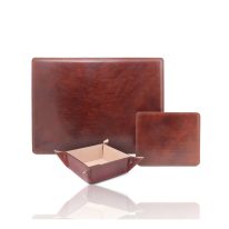 イタリア製ベジタブルタンニンレザーの小物入れ＆デスクマット＆マウスパッド3点セットPREMIUM OFFICE SET、ブラウン