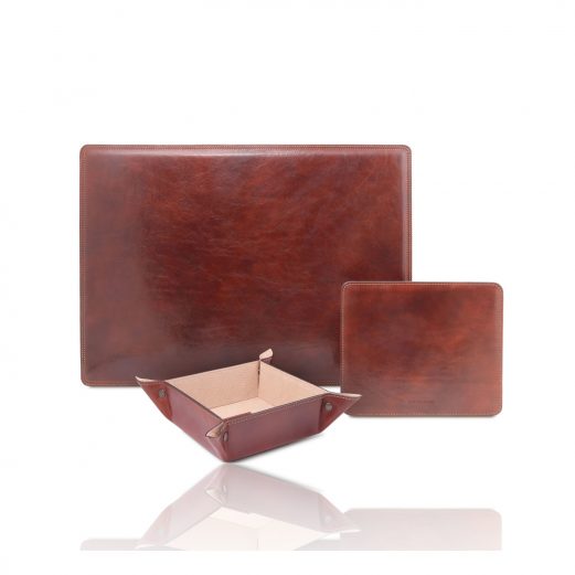 イタリア製ベジタブルタンニンレザーの小物入れ＆デスクマット＆マウスパッド3点セットPREMIUM OFFICE SET、ブラウン