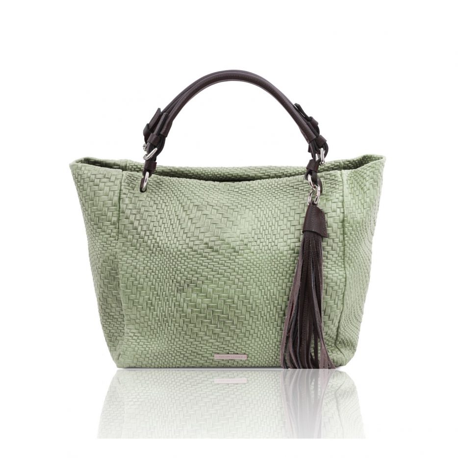 イタリア製イントレチャート編み込み風スウェードのタッセルつき2WAYトートバッグ TL BAG、ミントグリーン