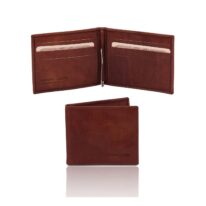 イタリア製フルグレインレザーの紙幣クリップ付きふたつ折り財布、ブラウン