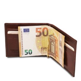 イタリア製フルグレインレザーの紙幣クリップ付きふたつ折り財布、使用イメージ※紙幣は商品に含まれません
