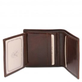 イタリア製フルグレインレザーのIDケースつきクレジットカード＆紙幣入れ財布、ダークブラウン、詳細1
