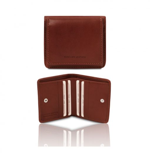 イタリア製ベジタブルタンニンレザーのコインケースつきふたつ折り財布、ブラウン