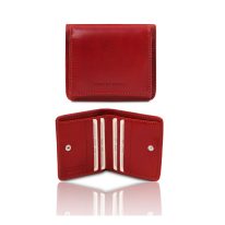 イタリア製ベジタブルタンニンレザーのコインケースつきふたつ折り財布、レッド