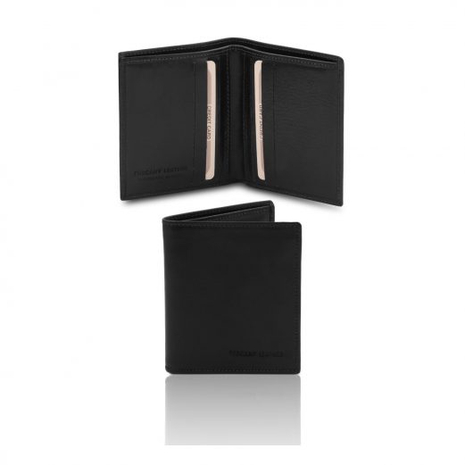 イタリア製フルグレインレザーのクレジットカード＆紙幣入れ財布、ブラック