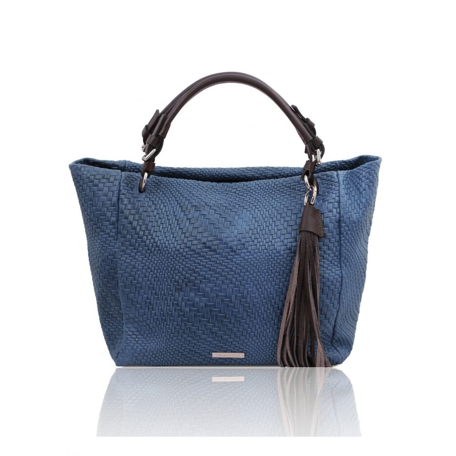 イタリア製イントレチャート編み込み風レザーのタッセルつき2WAYトートバッグ TL BAG、ダークブルー