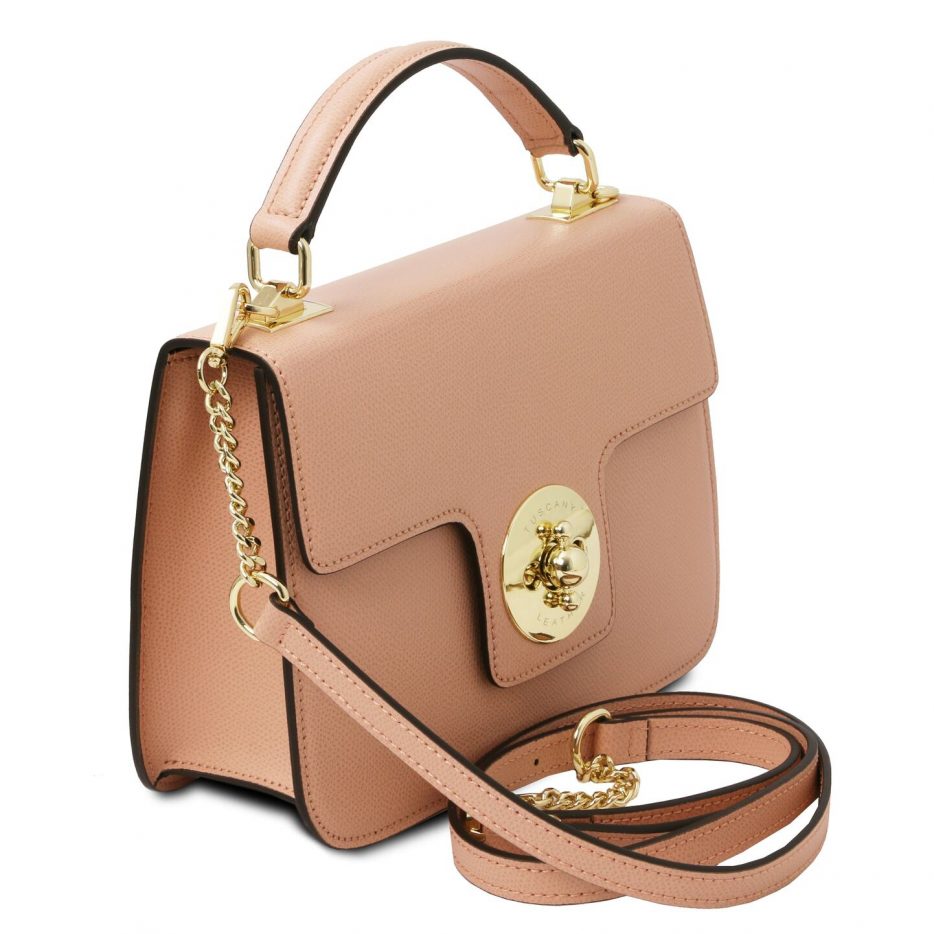 イタリア製パルメラートレザーのゴールドチェーンストラップ付2WAYハンドバッグ TL BAG、ヌード、詳細1