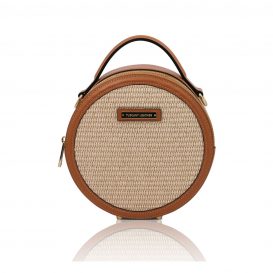 イタリア製ストロー＆スムースレザー2WAYかごバッグ THELMA、コニャック