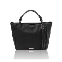 イタリア製シボ型押しレザーのタッセルつき2WAYトートバッグ TL BAG、ブラック