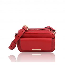 イタリア製シボ型押しレザーのクロスボディバッグ TL BAG、ルージュ