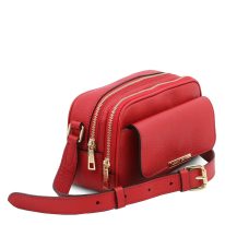 イタリア製シボ型押しレザーのクロスボディバッグ TL BAG、ルージュ、詳細1