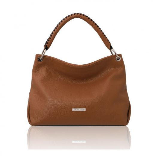 イタリア製シボ型押しレザーのワンハンドル2WAYショルダーバッグ TL BAG、コニャック