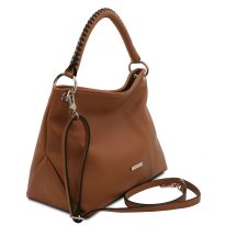 イタリア製シボ型押しレザーのワンハンドル2WAYショルダーバッグ TL BAG、コニャック、詳細1