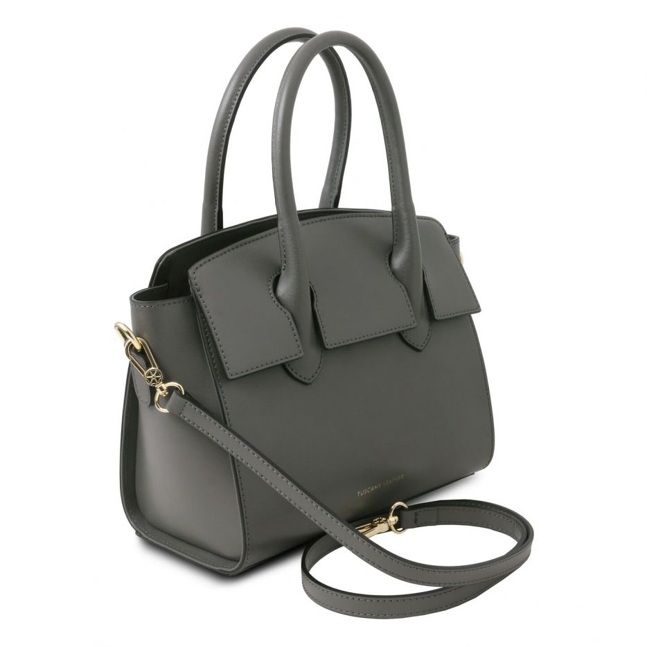 イタリア製スムースレザー2WAYハンドバッグ BRIGID、グレイ、詳細1
