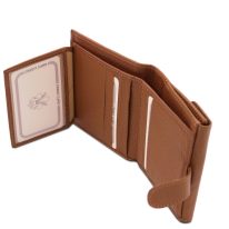 イタリア製シボ型押しレザーの三つ折りミニ財布 CALLIOPE、コニャック、詳細4
