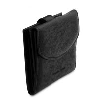 イタリア製シボ型押しレザーの三つ折りミニ財布 CALLIOPE、ブラック、詳細1