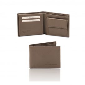 イタリア製シボ型押しレザー小銭入れポケットつきメンズ財布、ダークトープ