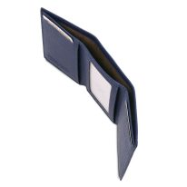 イタリア製シボ型押しレザー三つ折りメンズ財布、ダークブルー、詳細1
