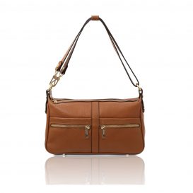 イタリア製シボ型押しレザーのフロントポケットつきショルダーバッグ TL BAG、コニャック