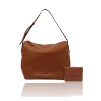 イタリア製シボ型押しレザーのショルダーバッグ＆財布2点セット CAPRI、コニャック