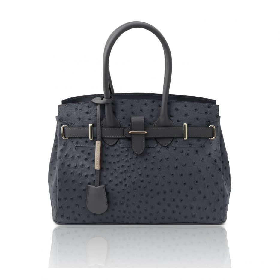 イタリア製オーストリッチ風型押しレザーの2WAYハンドバッグ TL BAG、グレイ