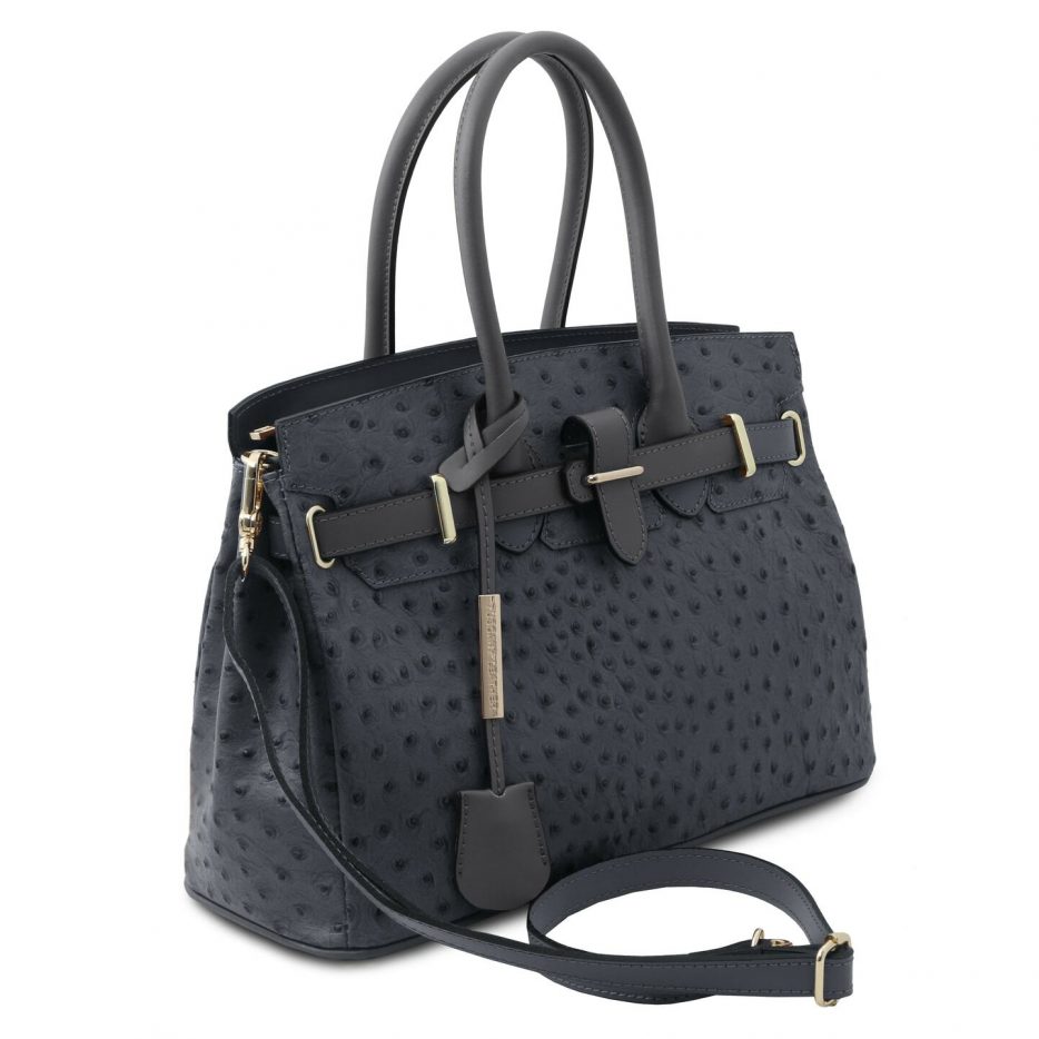 イタリア製オーストリッチ風型押しレザーの2WAYハンドバッグ TL BAG、グレイ、詳細1