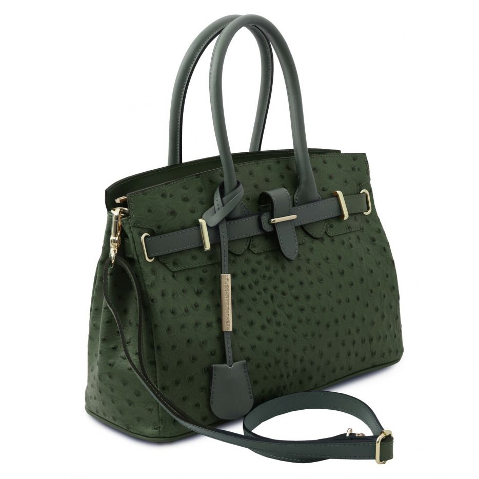 イタリア製オーストリッチ風型押しレザーの2WAYハンドバッグ TL BAG、フォレストグリーン、詳細1