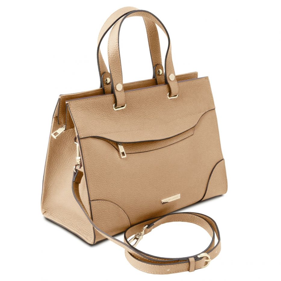 イタリア製シボ型押しレザーの2WAYハンドバッグ TL BAG、シャンパーニュ、詳細1