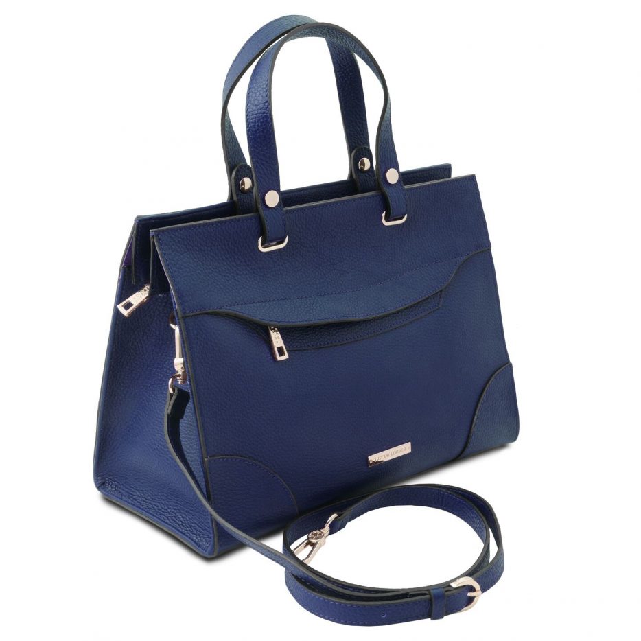 イタリア製シボ型押しレザーの2WAYハンドバッグ TL BAG、ダークブルー、詳細1