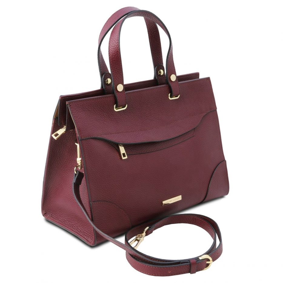 イタリア製シボ型押しレザーの2WAYハンドバッグ TL BAG、ボルドー、詳細1