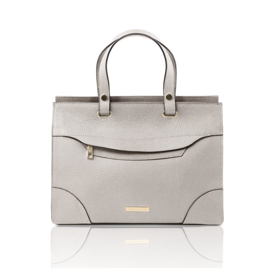 イタリア製シボ型押しレザーの2WAYハンドバッグ TL BAG、ライトグレイ