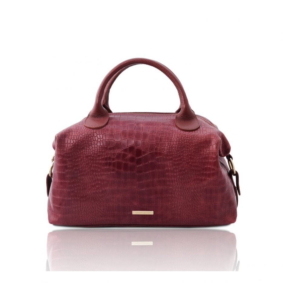 イタリア製クロコ型押しレザー2WAYボストンバッグ TL BAG、ボルドー