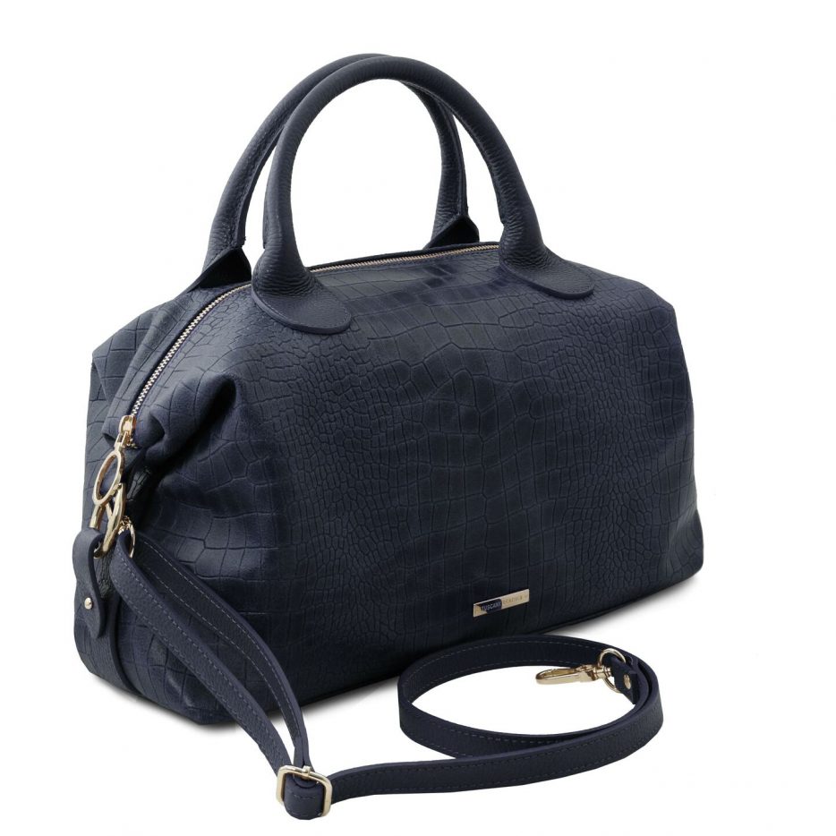 イタリア製クロコ型押しレザー2WAYボストンバッグ TL BAG、ダークブルー、詳細1