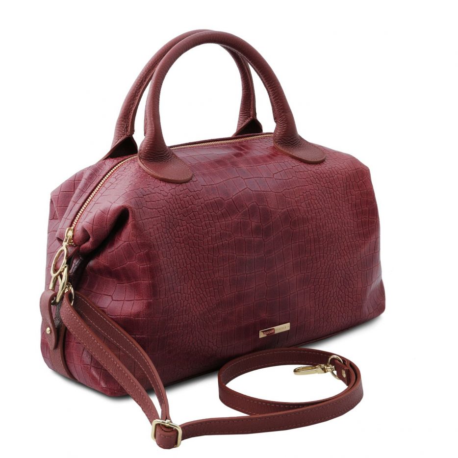 イタリア製クロコ型押しレザー2WAYボストンバッグ TL BAG、ボルドー、詳細1